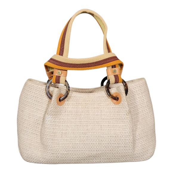 Elaine Turner Beige Woven Straw Handbag with Multicolor Double Handle - Picture 4 of 12